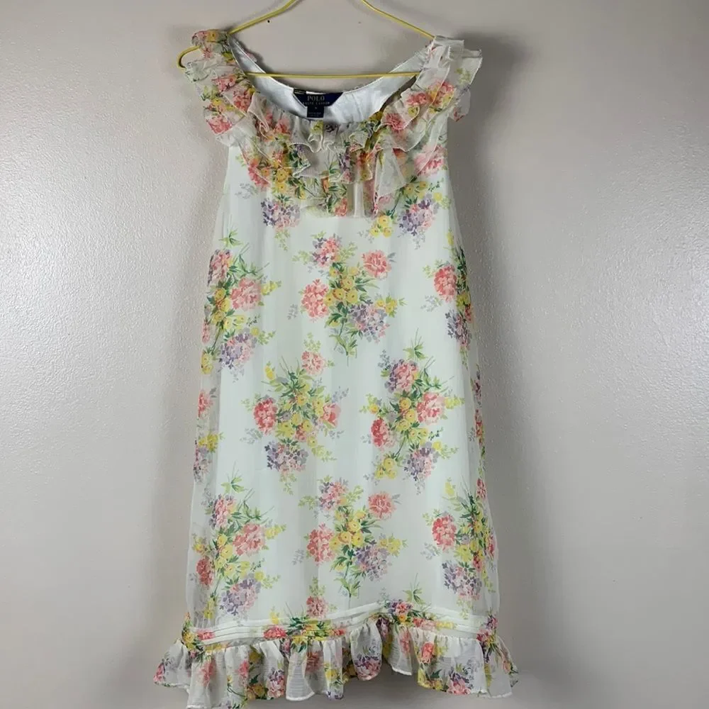 Girl Ralph Lauren Floral Chiffon Ruffle Shift Dress Size 16 Pastel Spring Easter